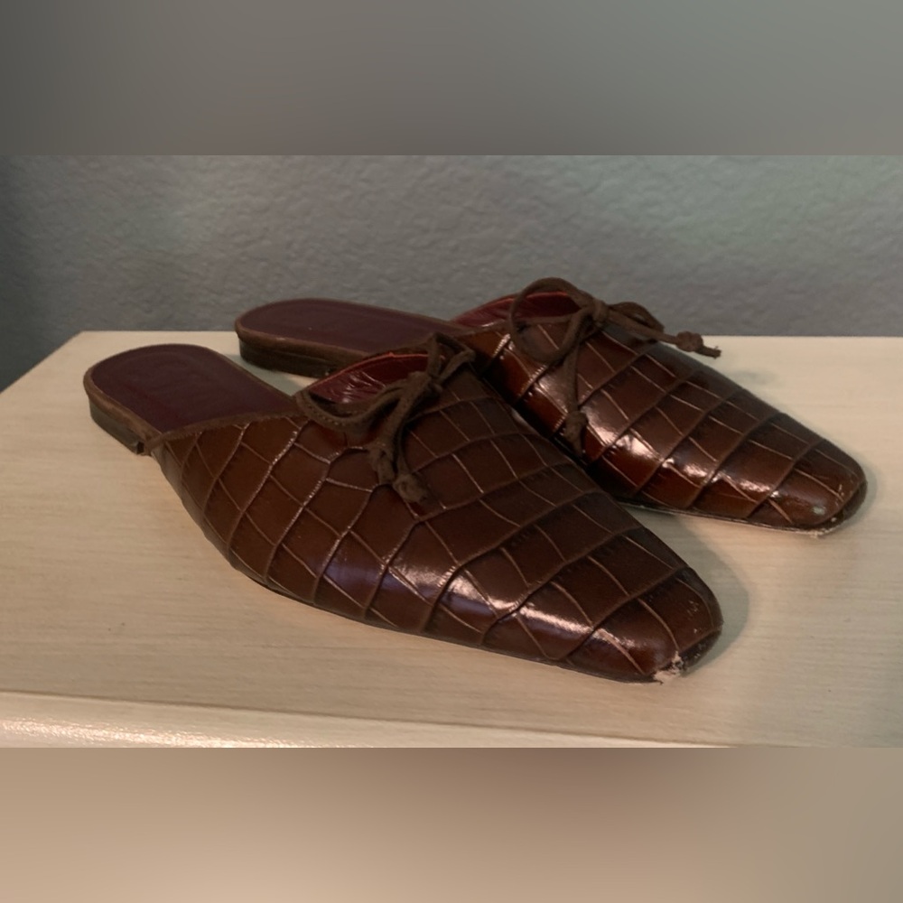 STAUD Gina Brown Croc Embossed Flats
